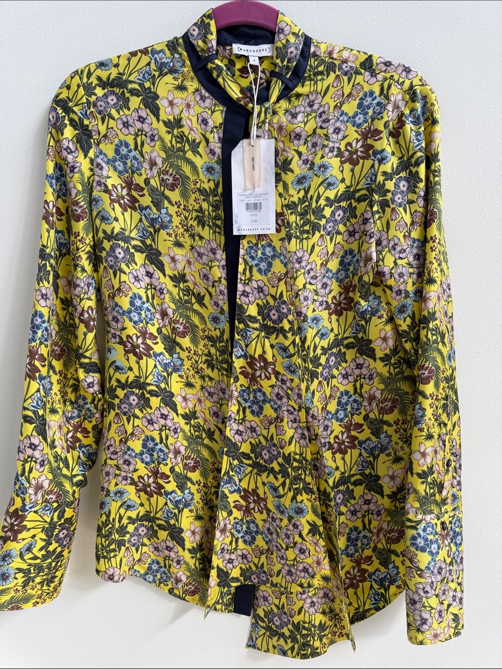 NEW!! Warehouse Yellow Floral Lightweight Shirt Jacket with Black Trim silk